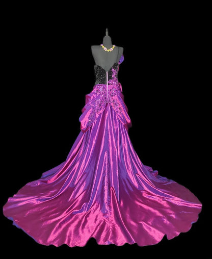 Modest A Line One Shoulder Hot Pink Satin Sleeveless Long Prom Dresses High School Senior Graduation Dance Party Outfits AS013