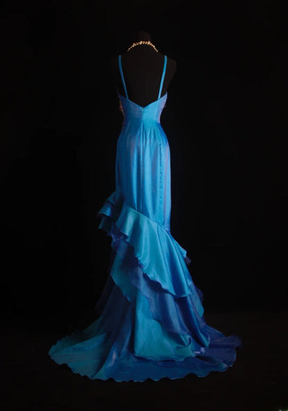 Vintage Prom Dresses 90s Formal Mermaid Spaghetti Straps Blue Chiffon Long Party Gowns Prom Dresses AS013