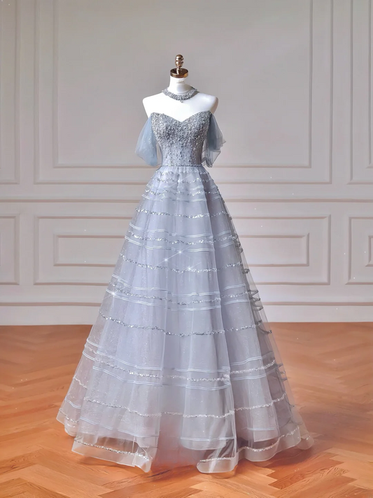 Modest Prom Dresses Aesthetic Ball Gown Off The Shoulder Light Blue Tulle Inspiration Impress Long Party Formal Gown For Teenagers High Schools Girls AQ017