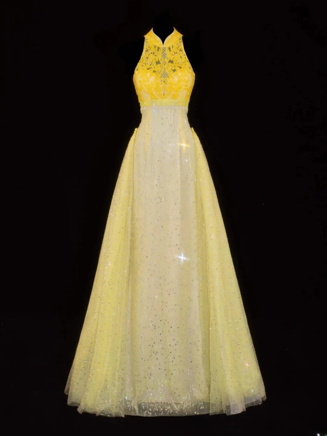 Modest Prom Dress Aesthetic Mermaid High Neck Yellow Lace With Train Style Impress Chiffon Long Prom Dresses Party Formal Gowns SA019