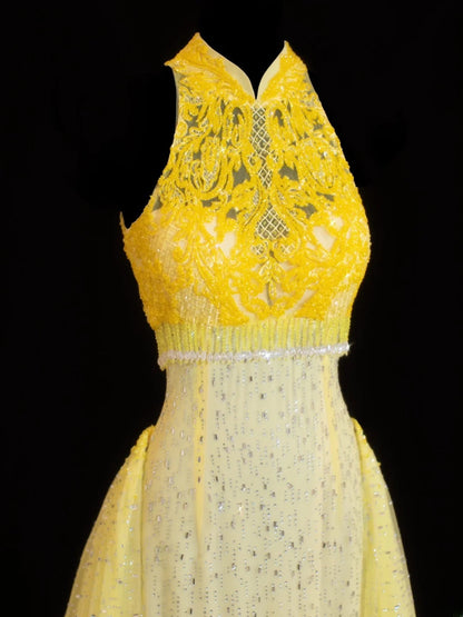 Modest Prom Dress Aesthetic Mermaid High Neck Yellow Lace With Train Style Impress Chiffon Long Prom Dresses Party Formal Gowns SA019