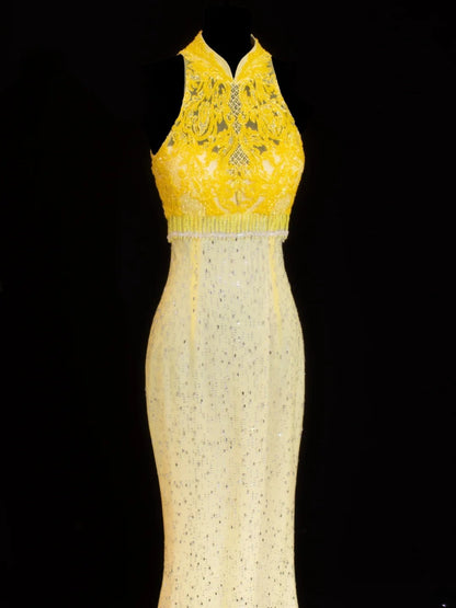 Modest Prom Dress Aesthetic Mermaid High Neck Yellow Lace With Train Style Impress Chiffon Long Prom Dresses Party Formal Gowns SA019