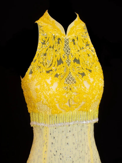 Modest Prom Dress Aesthetic Mermaid High Neck Yellow Lace With Train Style Impress Chiffon Long Prom Dresses Party Formal Gowns SA019