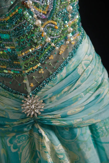 Vintage Prom Dresses 90s Formal Mermaid Halter Blue Chiffon Floral With Beadings Long Party Gowns Prom Dresses AS020