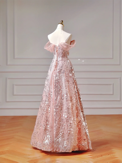 Modest Prom Dresses Aesthetic Ball Gown Off The Shoulder Pink Sequins Corset Fitted Inspiration Impress Long Party Formal Gown For Teens High Schools Girls AQ021
