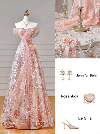 Modest Prom Dresses Aesthetic Ball Gown Off The Shoulder Pink Sequins Corset Fitted Inspiration Impress Long Party Formal Gown For Teens High Schools Girls AQ021