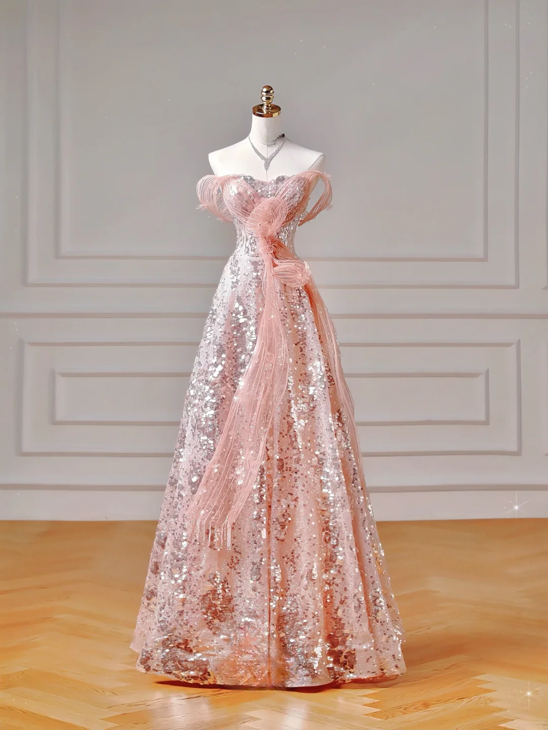 Modest Prom Dresses Aesthetic Ball Gown Off The Shoulder Pink Sequins Corset Fitted Inspiration Impress Long Party Formal Gown For Teens High Schools Girls AQ021