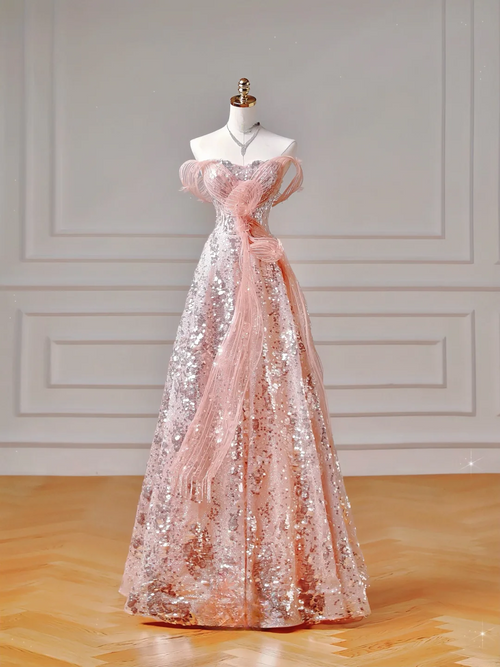 Modest Prom Dresses Aesthetic Ball Gown Off The Shoulder Pink Sequins Corset Fitted Inspiration Impress Long Party Formal Gown For Teens High Schools Girls AQ021