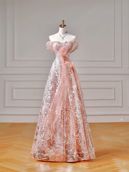 Modest Prom Dresses Aesthetic Ball Gown Off The Shoulder Pink Sequins Corset Fitted Inspiration Impress Long Party Formal Gown For Teens High Schools Girls AQ021