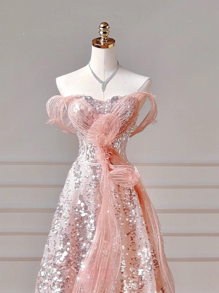 Modest Prom Dresses Aesthetic Ball Gown Off The Shoulder Pink Sequins Corset Fitted Inspiration Impress Long Party Formal Gown For Teens High Schools Girls AQ021