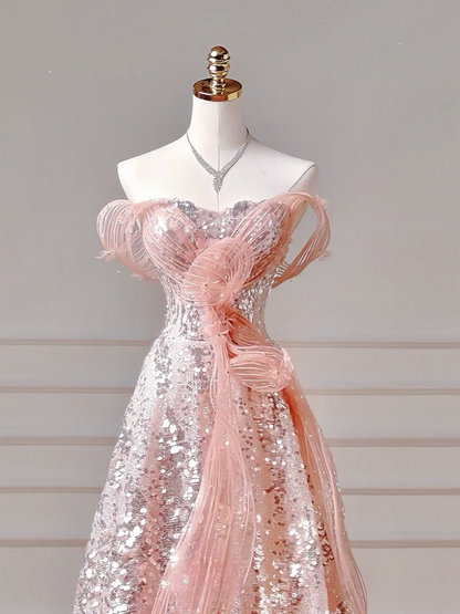 Modest Prom Dresses Aesthetic Ball Gown Off The Shoulder Pink Sequins Corset Fitted Inspiration Impress Long Party Formal Gown For Teens High Schools Girls AQ021
