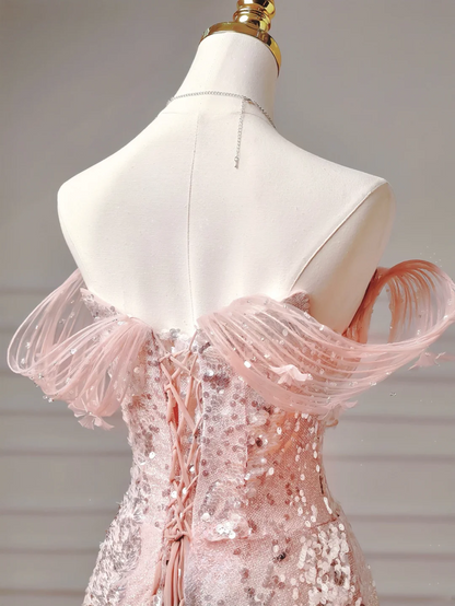 Modest Prom Dresses Aesthetic Ball Gown Off The Shoulder Pink Sequins Corset Fitted Inspiration Impress Long Party Formal Gown For Teens High Schools Girls AQ021
