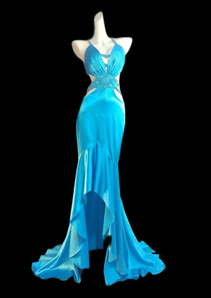 Classic Mermaid Halter Satin High Low Blue Sleeveless Long Prom Dresses High School Senior Graduation Dance Evening Outfits AS023
