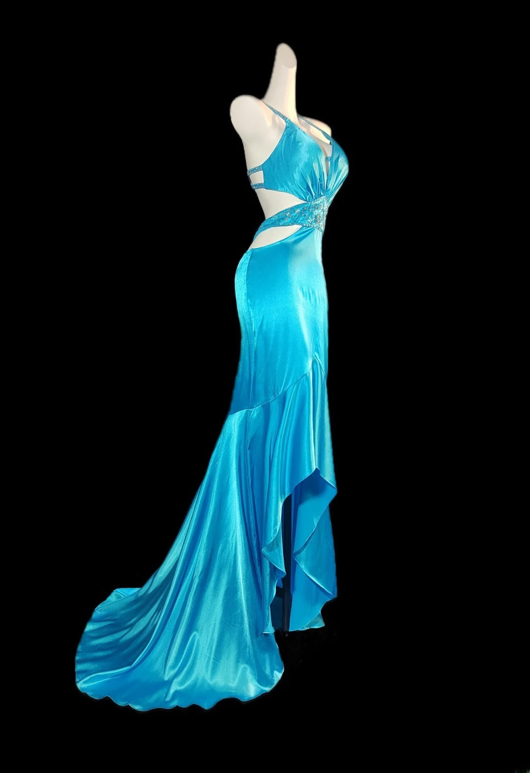 Classic Mermaid Halter Satin High Low Blue Sleeveless Long Prom Dresses High School Senior Graduation Dance Evening Outfits AS023
