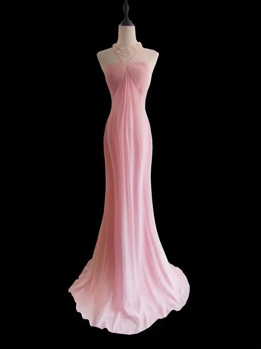 Classic Mermaid Halter Pink Chiffon Sleeveless Long Prom Dresses High School Senior Graduation Dance Evening Outfits AS024