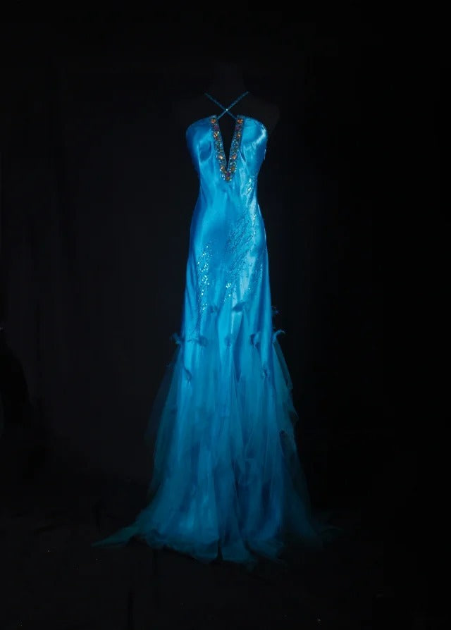Vintage 90s Prom Dresses Women Mermaid Halter Blue Long Formal Dance Evening Party Gowns AS029
