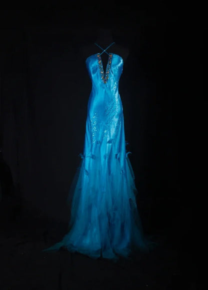 Vintage 90s Prom Dresses Women Mermaid Halter Blue Long Formal Dance Evening Party Gowns AS029