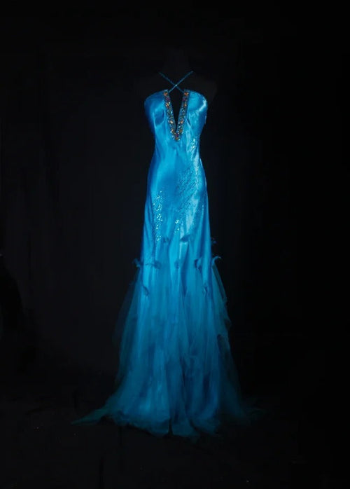 Vintage 90s Prom Dresses Women Mermaid Halter Blue Long Formal Dance Evening Party Gowns AS029