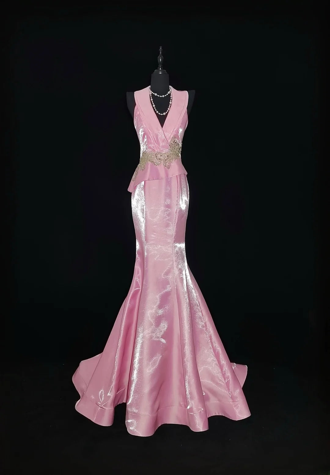 Vintage 1950s Mermaid V Neck Pink With Gold Lace Sleeveless Long Prom Dresses High School Senior Graduation Dance Evening Outfits AS033