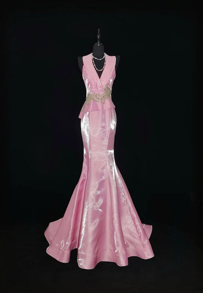 Vintage 1950s Mermaid V Neck Pink With Gold Lace Sleeveless Long Prom Dresses High School Senior Graduation Dance Evening Outfits AS033