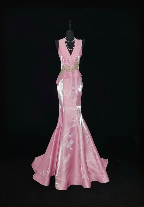 Vintage 1950s Mermaid V Neck Pink With Gold Lace Sleeveless Long Prom Dresses High School Senior Graduation Dance Evening Outfits AS033
