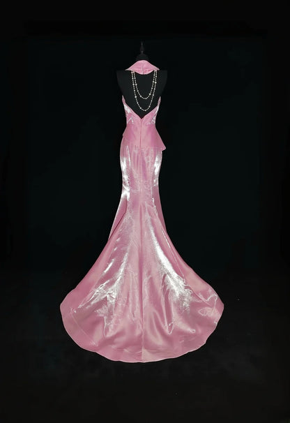 Vintage 1950s Mermaid V Neck Pink With Gold Lace Sleeveless Long Prom Dresses High School Senior Graduation Dance Evening Outfits AS033
