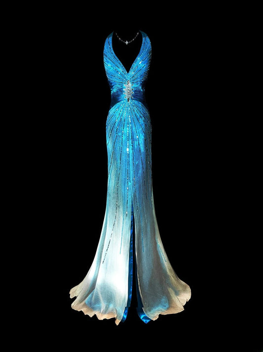Modest Mermaid V Neck Ombre White Blue With Slit Beads Sleeveless Long Prom Dresses High School Senior Graduation Dance Party Outfits AS040