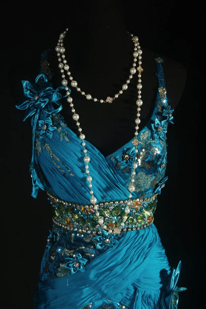 Vintage Prom Dresses 90s Formal Mermaid Spaghetti Straps Blue Chiffon With Beadings Long Party Gowns Prom Dresses AS041