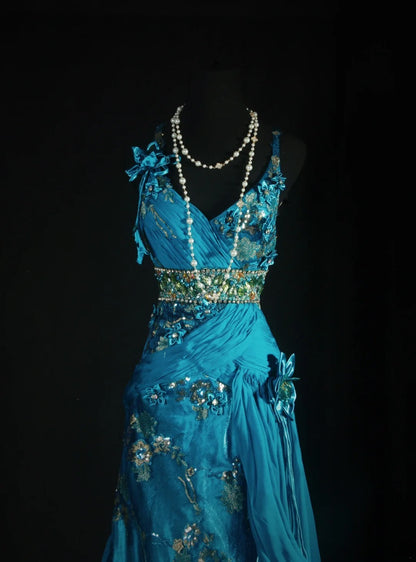 Vintage Prom Dresses 90s Formal Mermaid Spaghetti Straps Blue Chiffon With Beadings Long Party Gowns Prom Dresses AS041