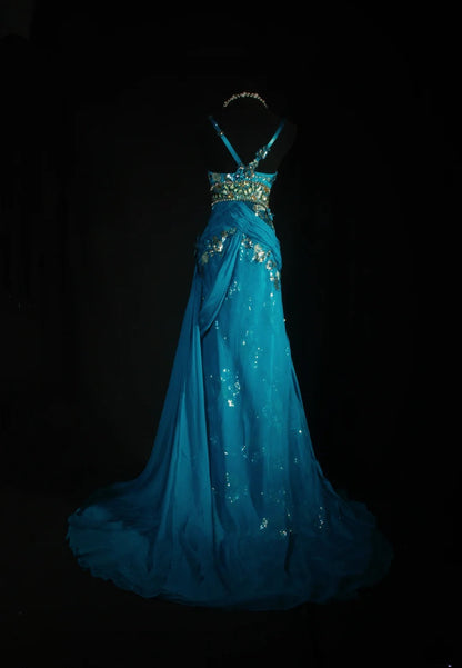 Vintage Prom Dresses 90s Formal Mermaid Spaghetti Straps Blue Chiffon With Beadings Long Party Gowns Prom Dresses AS041