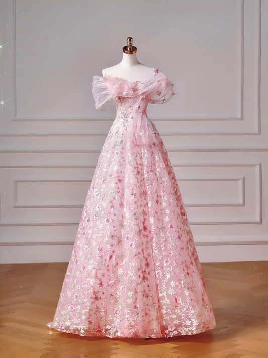 Modest Prom Dresses Aesthetic Ball Gown Off The Shoulder Pink Sequin Impress Long Party Formal Gown For Teens High Schools Girls AQ042
