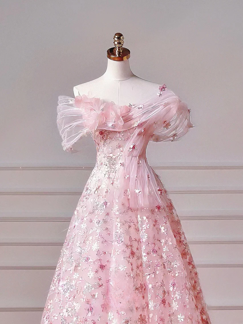 Modest Prom Dresses Aesthetic Ball Gown Off The Shoulder Pink Sequin Impress Long Party Formal Gown For Teens High Schools Girls AQ042