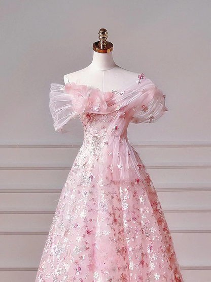 Modest Prom Dresses Aesthetic Ball Gown Off The Shoulder Pink Sequin Impress Long Party Formal Gown For Teens High Schools Girls AQ042
