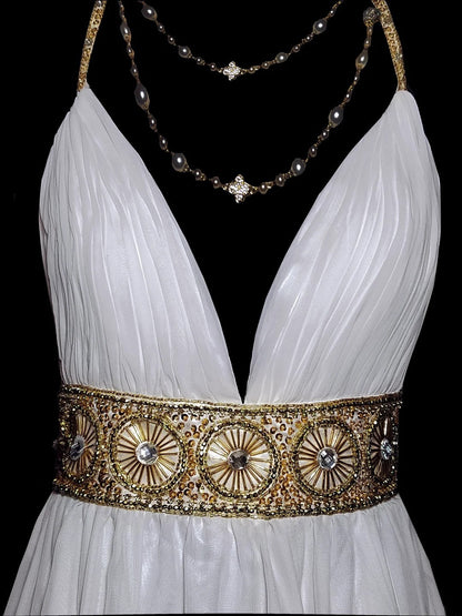 Retro 60s A Line Chiffon White Blue With Gold Beads Sleeveless Long Prom Dresses High School Senior Graduation Dance Party Outfits AS042