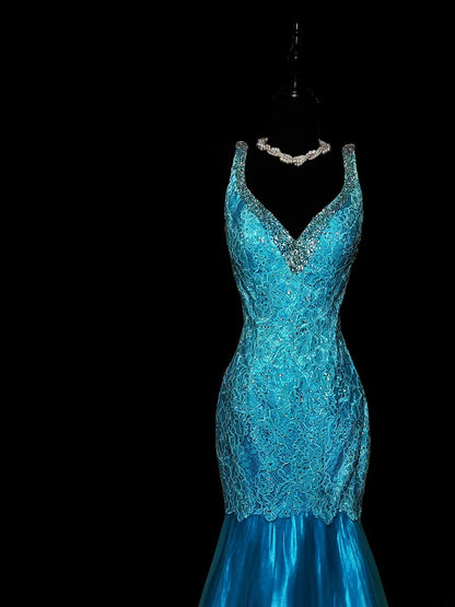Vintage 1950s Mermaid Blue Strap Satin With Appliques Long Prom Dresses High School Senior Graduation Dance Evening Outfits AS043