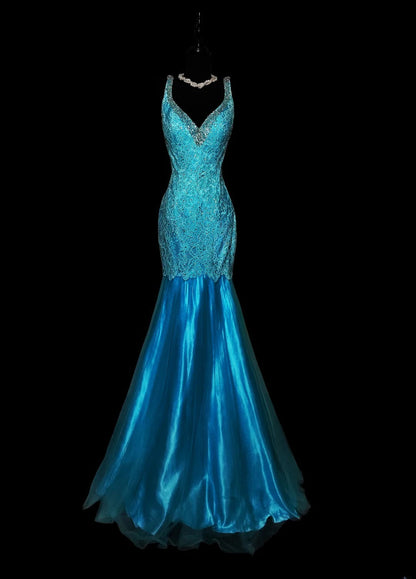 Vintage 1950s Mermaid Blue Strap Satin With Appliques Long Prom Dresses High School Senior Graduation Dance Evening Outfits AS043