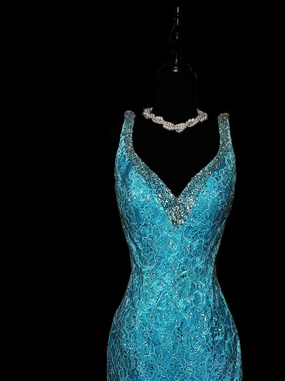 Vintage 1950s Mermaid Blue Strap Satin With Appliques Long Prom Dresses High School Senior Graduation Dance Evening Outfits AS043
