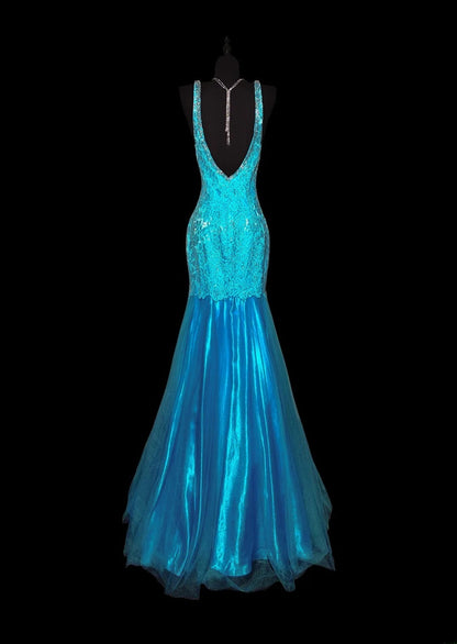 Vintage 1950s Mermaid Blue Strap Satin With Appliques Long Prom Dresses High School Senior Graduation Dance Evening Outfits AS043