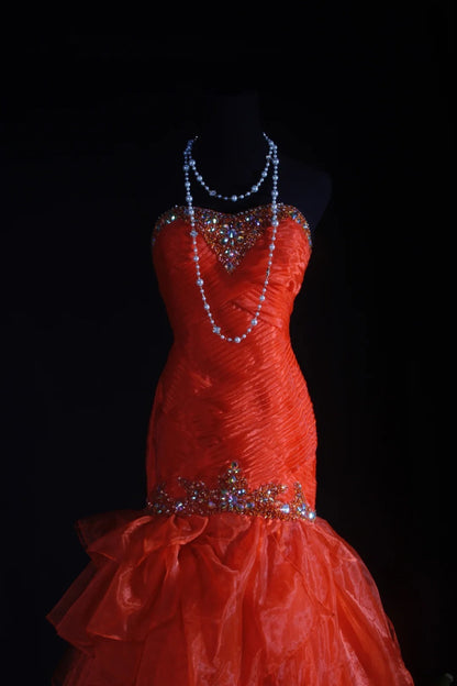 Vintage Mermaid Sweetheart Red Long Party Dress With Tulle Beads 1950s Retro Classy Birthday Dinner Prom Dress AS047
