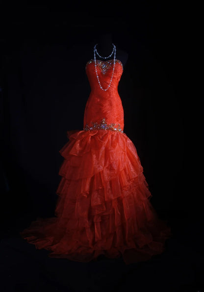 Vintage Mermaid Sweetheart Red Long Party Dress With Tulle Beads 1950s Retro Classy Birthday Dinner Prom Dress AS047
