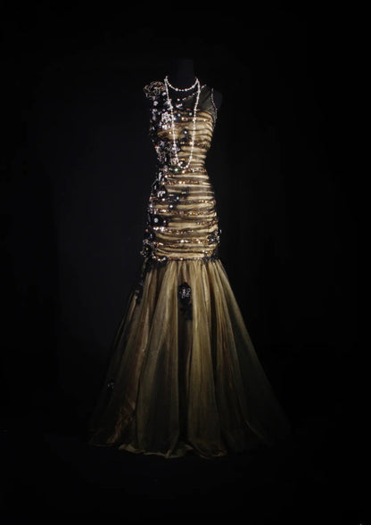 Women's Cocktail Party Gowns 90s Mermaid Black Tulle Green Satin Long Graduation Dinner Outfits Prom Dresses AS054