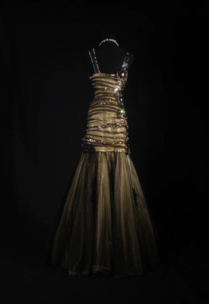 Women's Cocktail Party Gowns 90s Mermaid Black Tulle Green Satin Long Graduation Dinner Outfits Prom Dresses AS054
