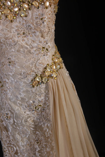 Vintage Mermaid Sweetheart Champagne Lace With Gold Beads Scarf Long Party Dress With Beads 1950s Retro Classy Birthday Dinner Prom Dress AS056