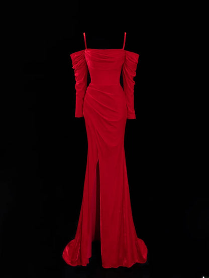 Simple Formal Mermaid Off The Shoulder Red With Slit Ruched Style Impress Long Prom Dresses Party Gowns SA056