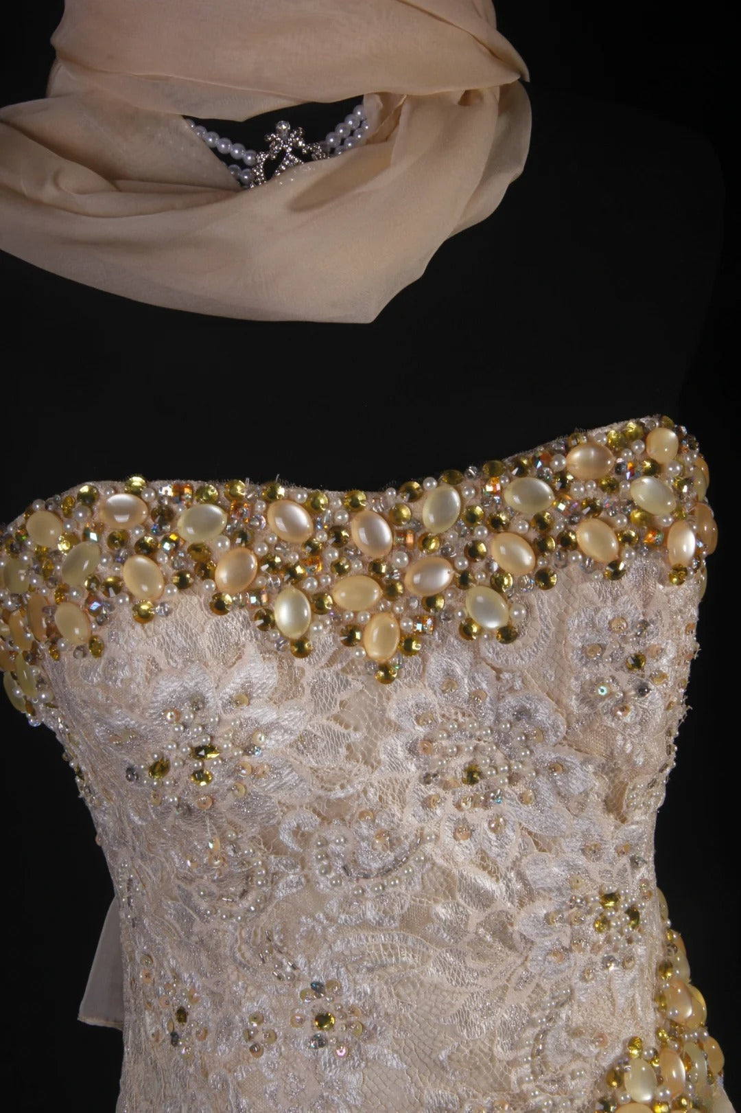 Vintage Mermaid Sweetheart Champagne Lace With Gold Beads Scarf Long Party Dress With Beads 1950s Retro Classy Birthday Dinner Prom Dress AS056
