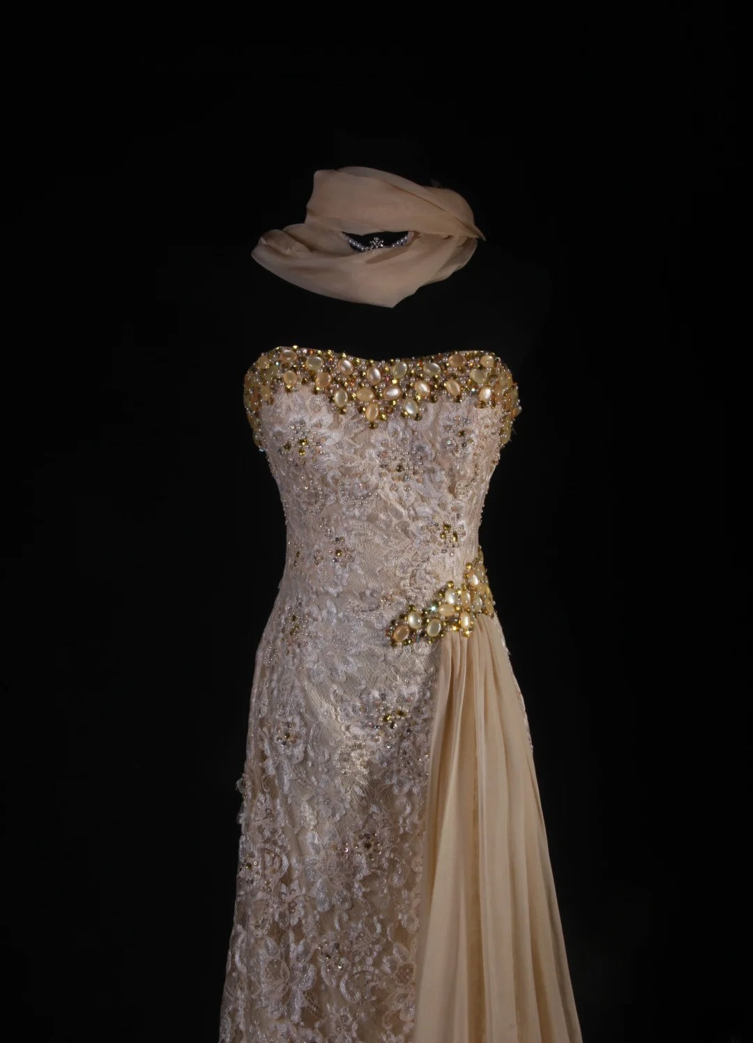 Vintage Mermaid Sweetheart Champagne Lace With Gold Beads Scarf Long Party Dress With Beads 1950s Retro Classy Birthday Dinner Prom Dress AS056