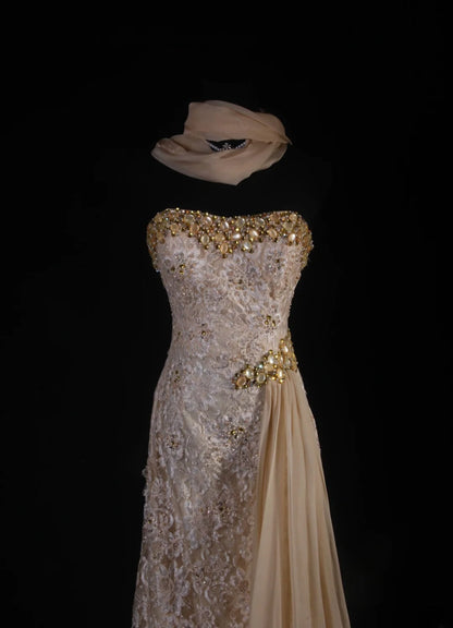 Vintage Mermaid Sweetheart Champagne Lace With Gold Beads Scarf Long Party Dress With Beads 1950s Retro Classy Birthday Dinner Prom Dress AS056