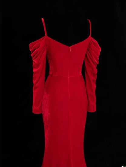 Simple Formal Mermaid Off The Shoulder Red With Slit Ruched Style Impress Long Prom Dresses Party Gowns SA056
