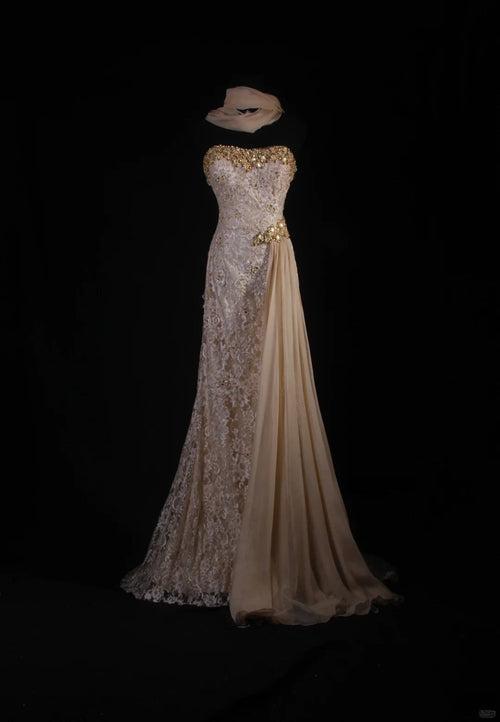 Vintage Mermaid Sweetheart Champagne Lace With Gold Beads Scarf Long Party Dress With Beads 1950s Retro Classy Birthday Dinner Prom Dress AS056