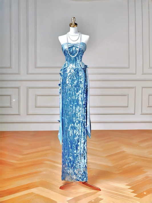 Glitter Sheath Strapless Blue Sequins Long Formal Fancy Prom Evening Dress Dinner Outfits Party Gowns For Teens AQ060